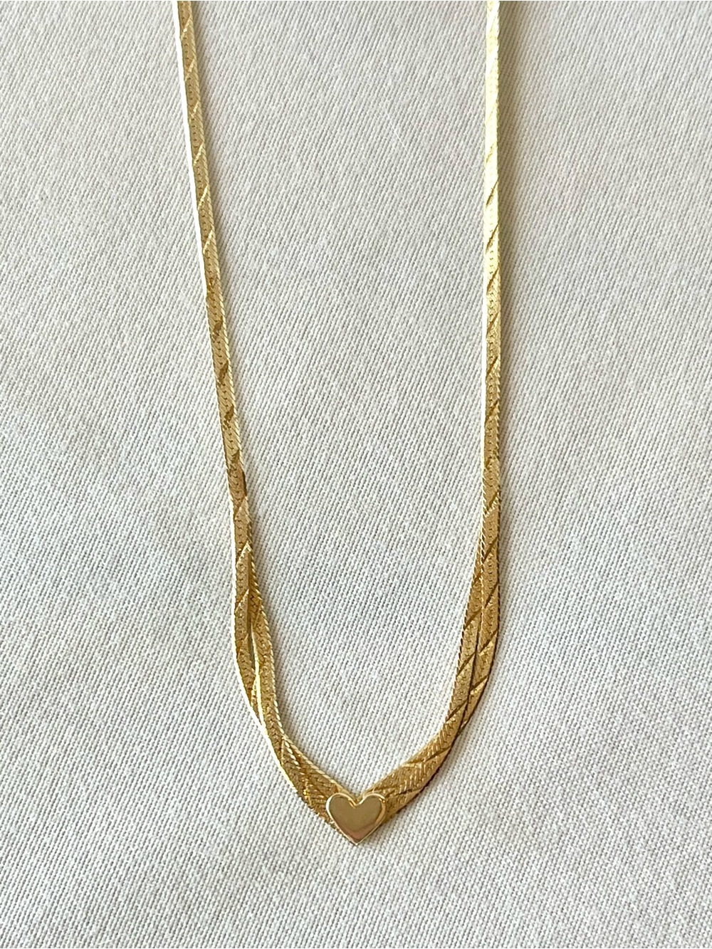 Vintage 14K Yellow Gold Layered Herringbone Chain V Necklace with Heart Center - Picture 6 of 11